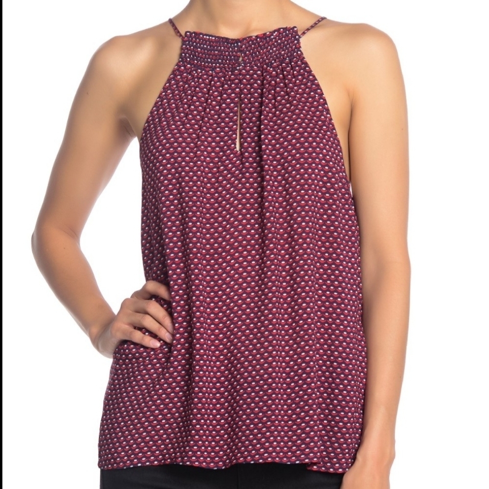 Splendid Tank Swing Sleeveless Halter Keyhole Neck Smocked Red White Navy XL NWT